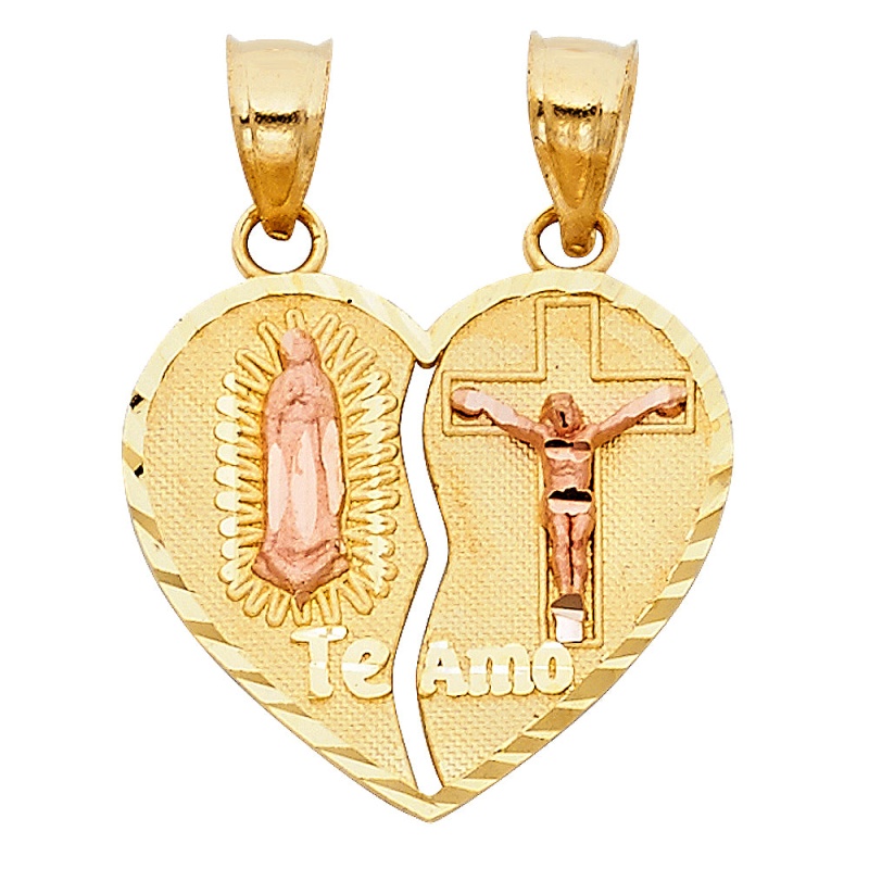 14K Gold Religious Guadalupe Jesus Broken Heart Te Amo Charm Pendant