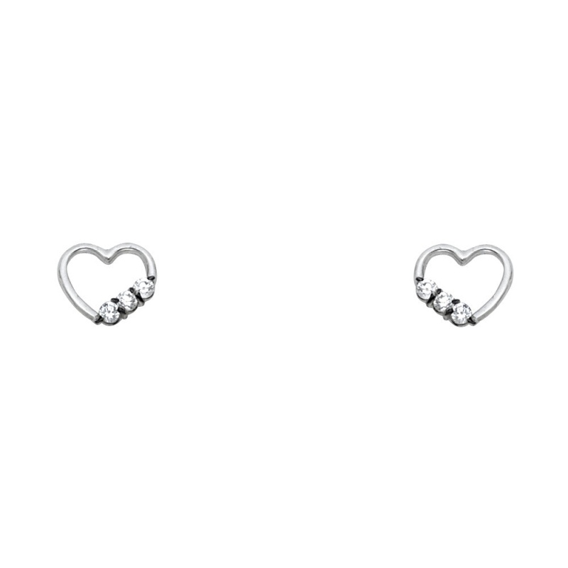 14K Gold 3 Stone Cz Heart Stud Earrings