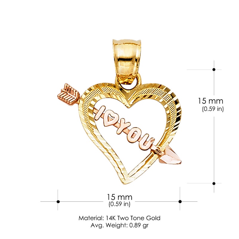 14K Gold 'I Love You' Heart With Cupid Arrow Charm Pendant