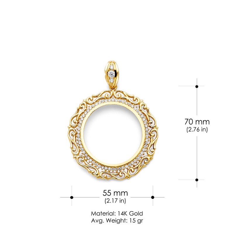 14K Gold Cz Flower Frame 50 Pesos Coin Charm Pendant