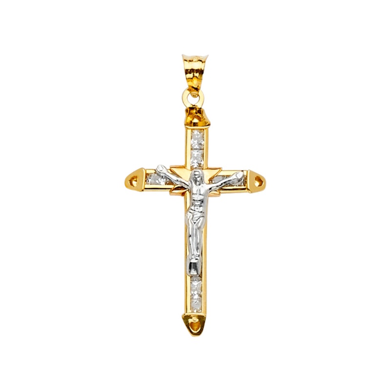 14K Gold Cz Crucifix Cross Religious Pendant