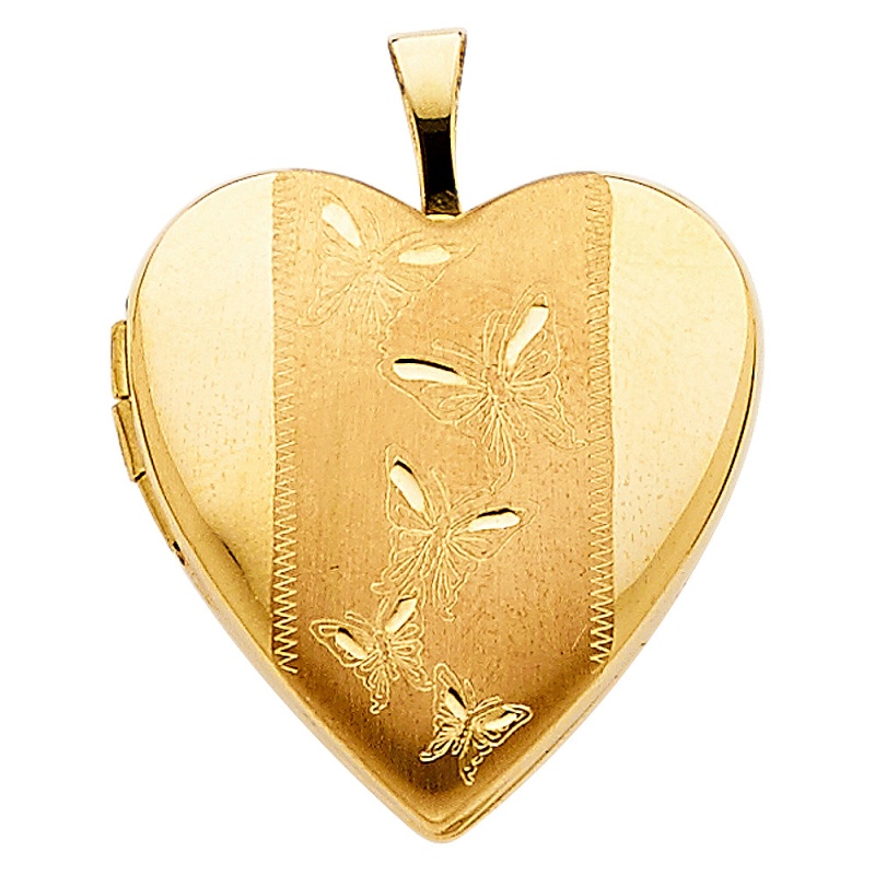 14K Gold Engraved Heart With Butterfly Locket Charm Pendant