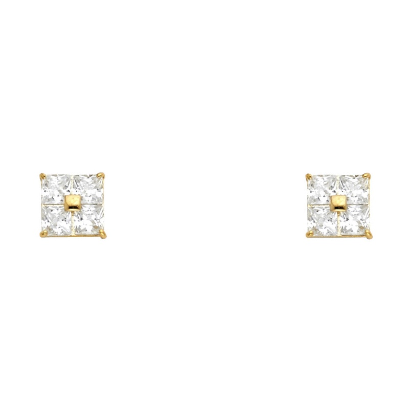 14K Gold Cz Four Square Stud Earrings