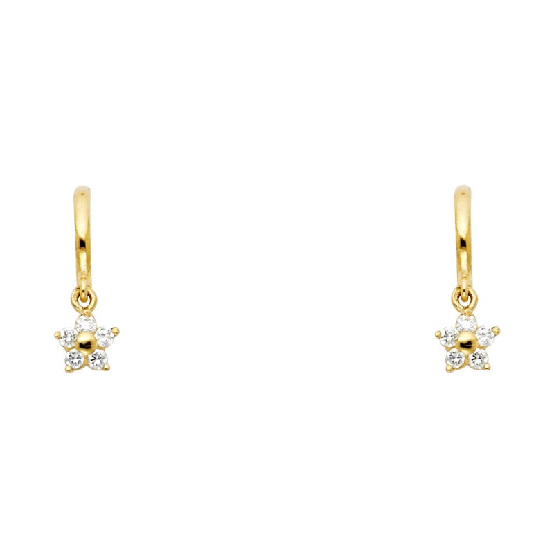 14K Gold Cz Flower Dangle Drop Stud Earrings