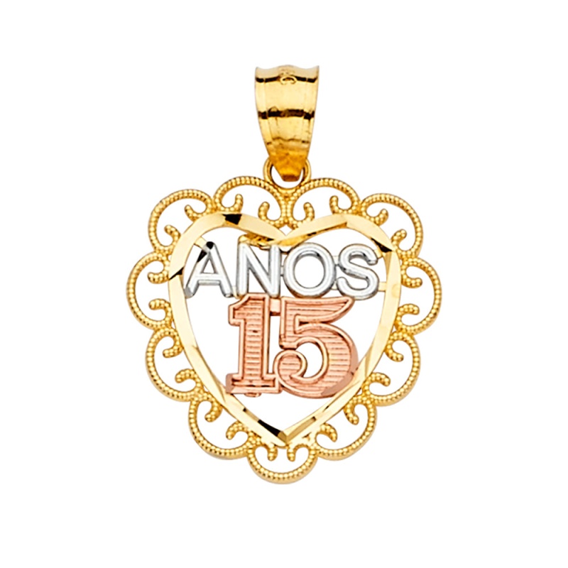 14K Gold 15 Anos Quinceanera Heart Charm Pendant
