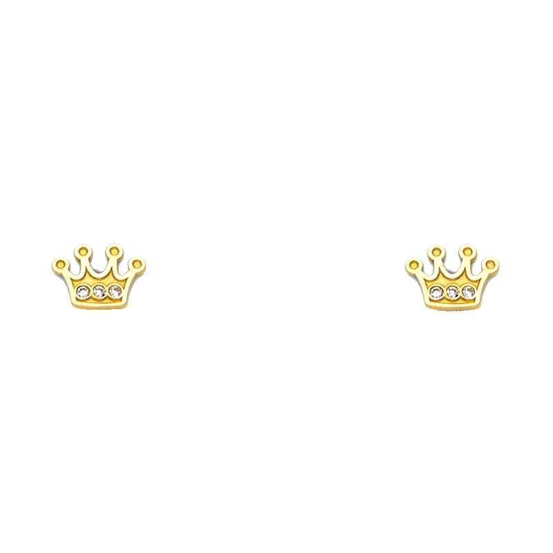 14K Gold Cz Princess Crown Or Tiara Stud Earrings
