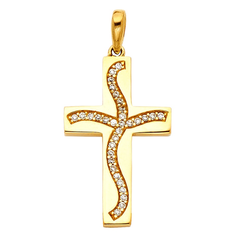 14K Gold Swaying Cross Cz Religious Pendant