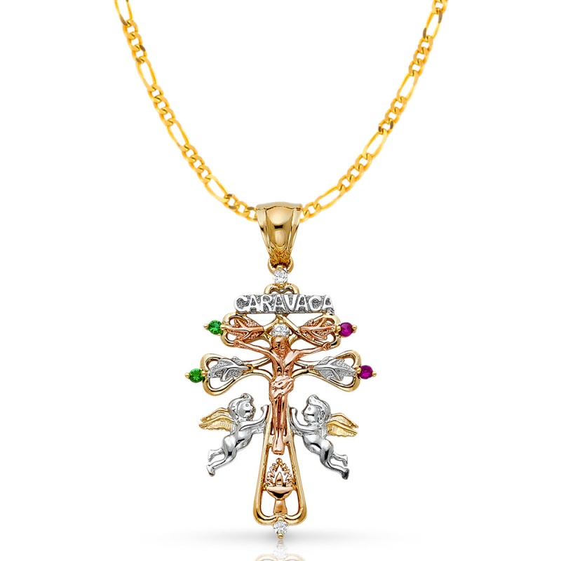 Collier Pendentif Jésus 14K Deux Tons Or Avec Chaîne Figaro 2.3mm (neuf Avec étiquettes)