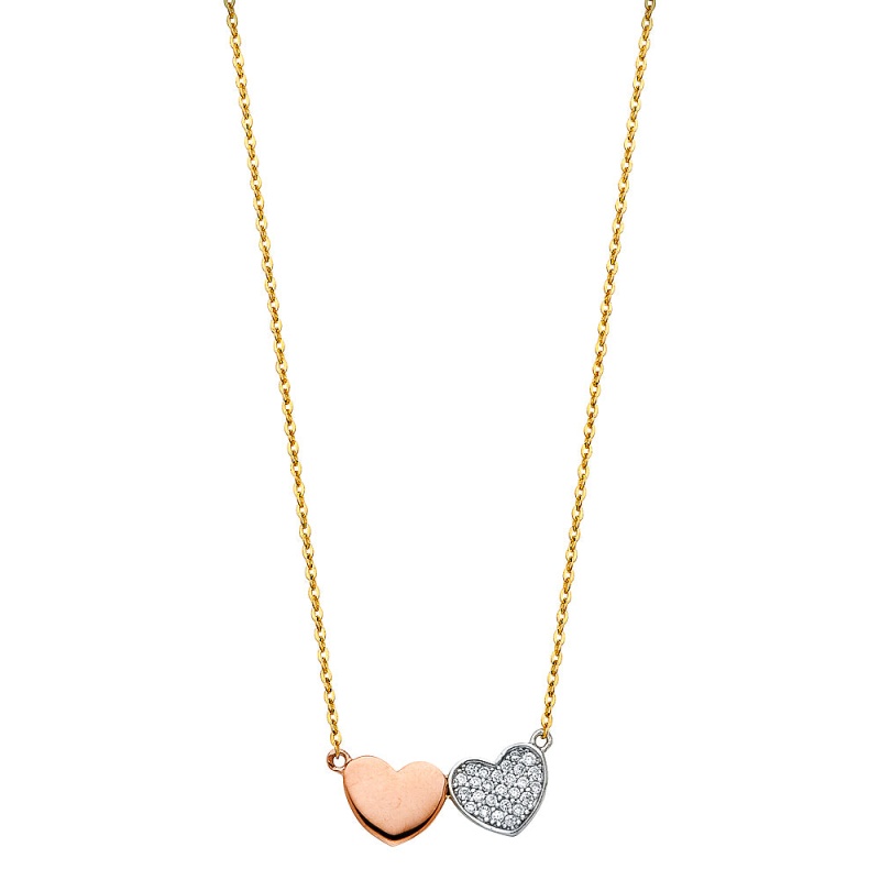 14K Gold Double Heart Cz Pendant Chain Necklace - 17+1'