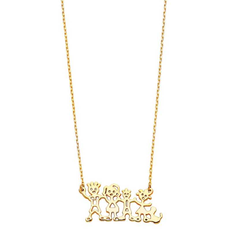14K Gold Our Family Four Members And Pet Charm Chain Necklace - 17+1'