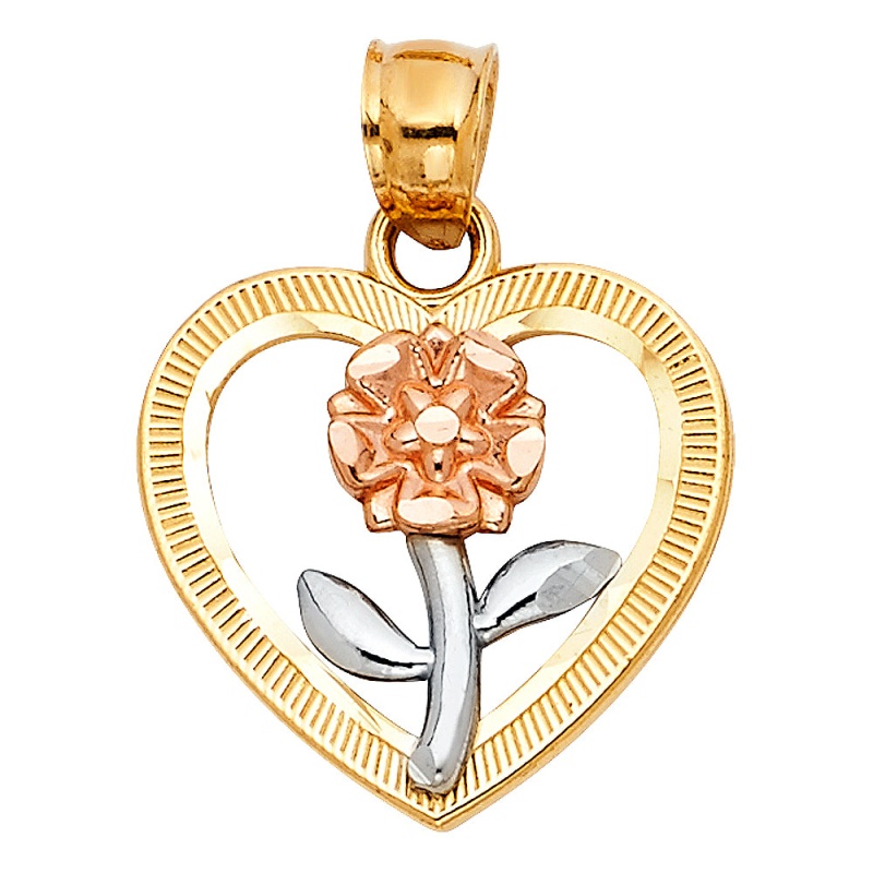 14K Gold Flower In Heart Charm Pendant