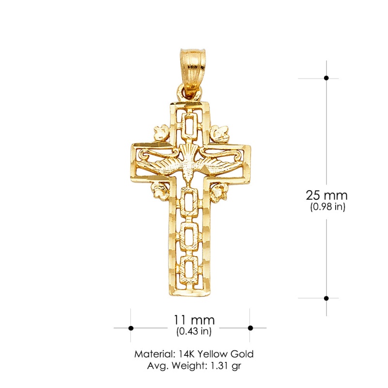 14K Gold Religious Cross With Holy Spirit Dove Charm Pendant