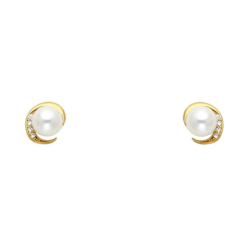 14K Gold Cz Cultured Pearl Stud Earrings