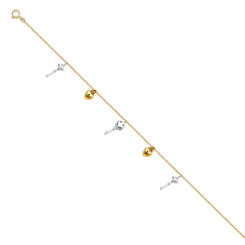 14K Gold Hanging Key To Heart Charm Bracelet - 7+1'
