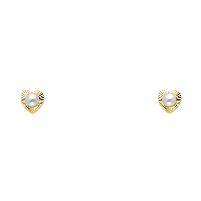 14K Gold Diamond Cut Heart & Pearl Stud Earrings (2.7Mm)