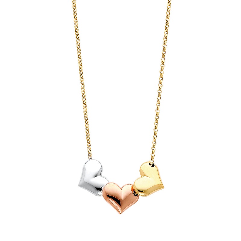 14K Gold Fancy Triple 3 Hollow Hearts Pendant Chain Necklace - 17'