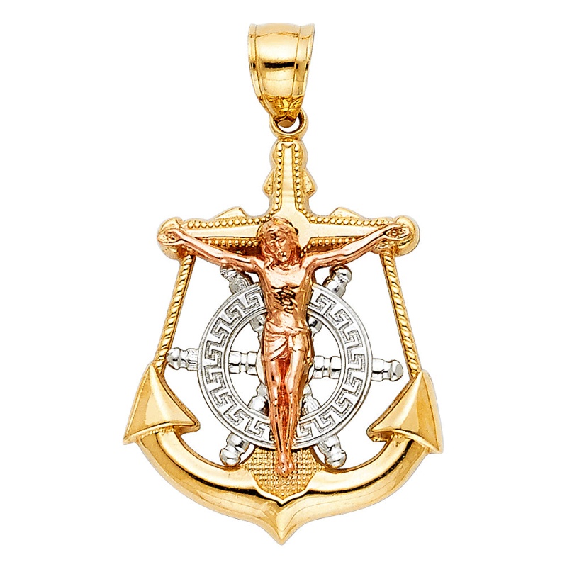 14K Gold Jesus Crucifix Anchor Religious Pendant
