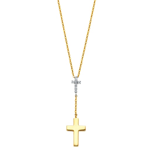 Ioka 14K Gold Double Cross Hanging Cz Pendant Charm Chain Y Necklace - 17+1'