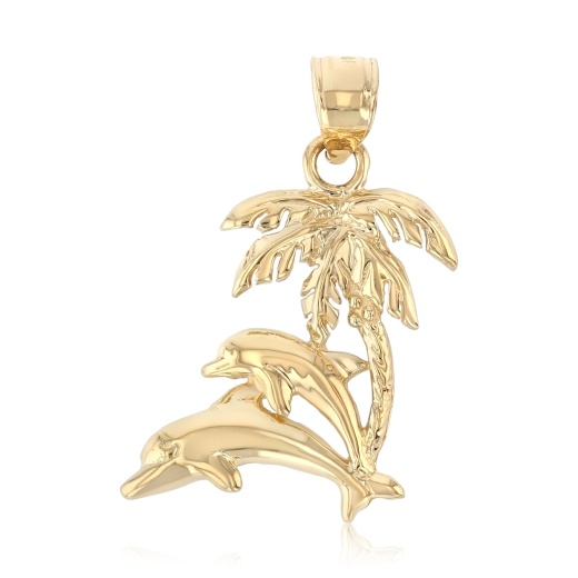 14K Gold Dolphin & Palm Tree Charm Pendant