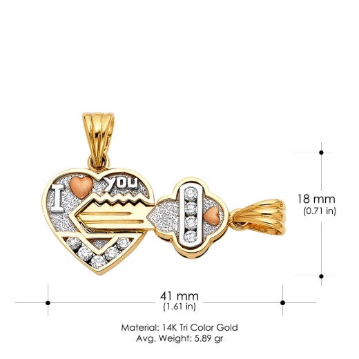 14K Gold Cz Heart & Key Charm Pendant Set