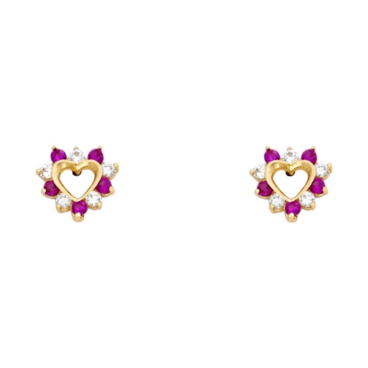 14K Gold Round Cut Red Cz Heart Stud Earrings - Ioka