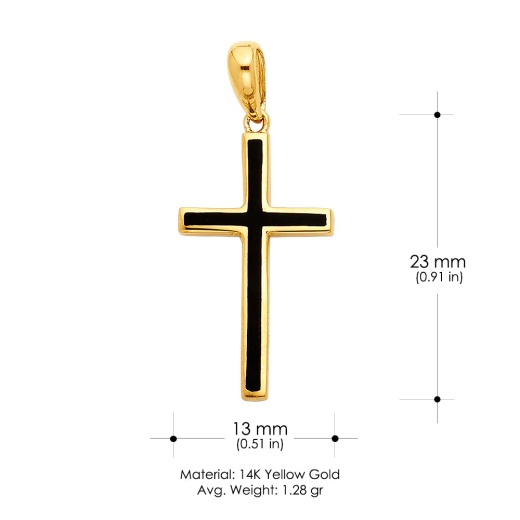 14K Gold Religious Cross With Black Enamel Charm Pendant