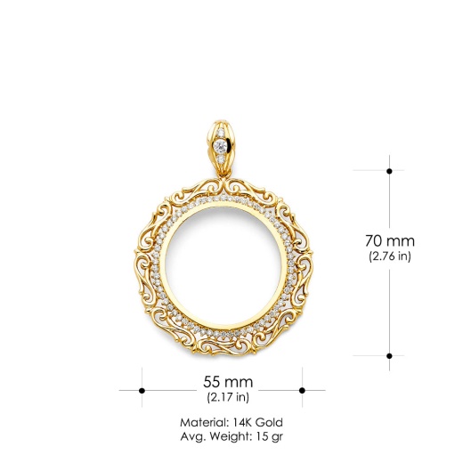 14K Gold Cz Flower Frame 50 Pesos Coin Charm Pendant - Ioka Jewelry