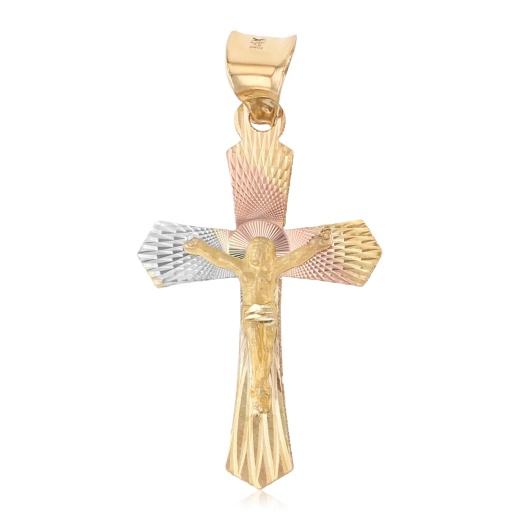 14K Gold Diamond Cut Crucifix Jesus Cross Stamp Religious Pendant
