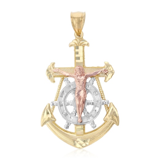 14K Gold Jesus Crucifix Anchor Religious Pendant - Ioka