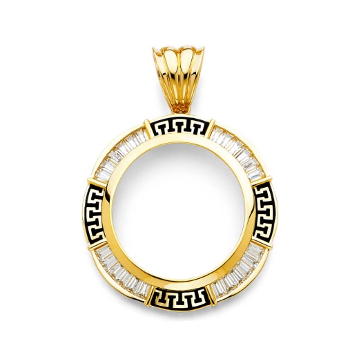 14K Gold Cz Greek Frame 50 Pesos Coin Charm Pendant
