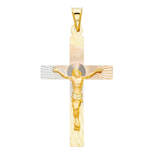 14K Gold Diamond Cut Crucifix Jesus Cross Stamp Religious Pendant - Ioka