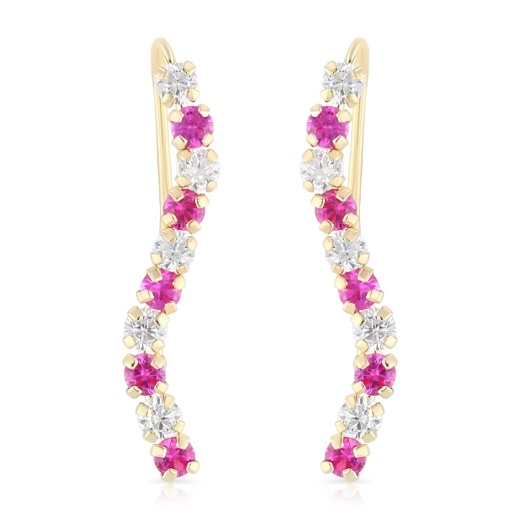 14K Gold Red Cz Lined Ear Crawler - Cuff Earrings