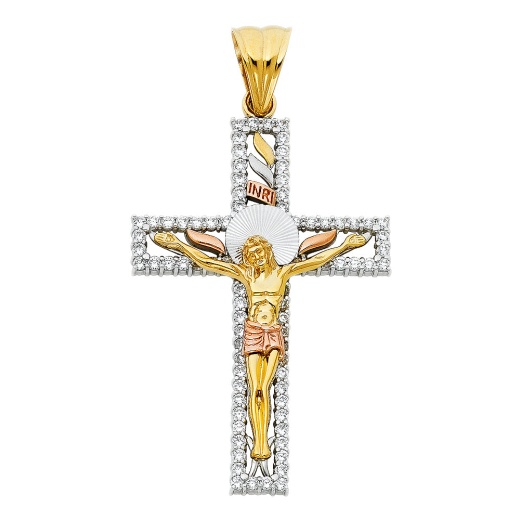 14K Gold Cz Religious Crucifix Charm Pendant - Ioka