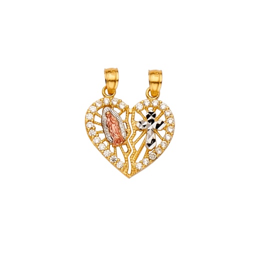 14K Gold Cz Broken Heart Guadalupe & Cross Religious Pendant - Ioka Jewelry