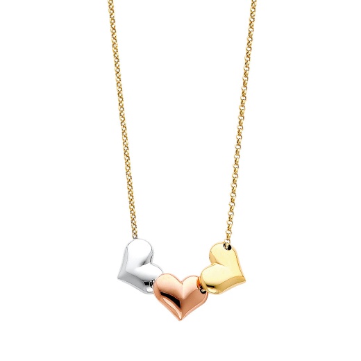 14K Gold Fancy Triple 3 Hollow Hearts Pendant Chain Necklace - Ioka