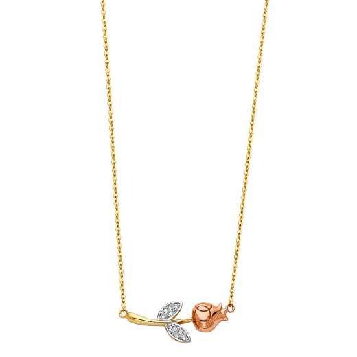 14K Gold Rose Flower & Leaf Cz Pendant Charm Chain Necklace - Ioka