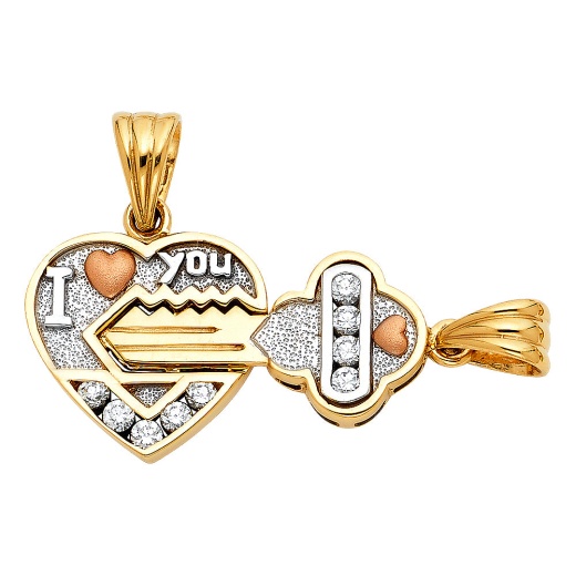 14K Gold Cz Heart & Key Charm Pendant Set