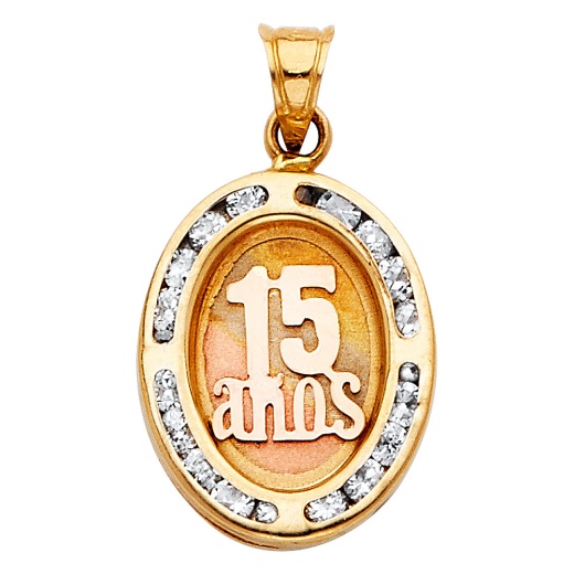 14K Gold Cz 15 Years Quinceanera Charm Pendant - Ioka