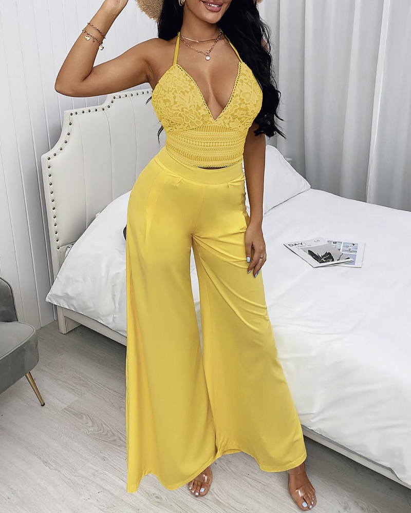 Crochet Lace Halter Crop Top \u0026 Wide Leg 
