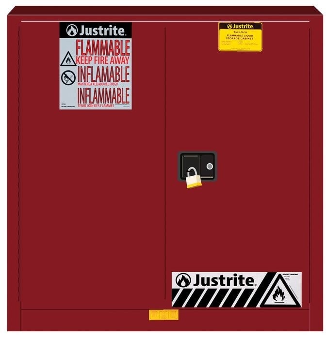 30 Gallon, 1 Shelf, 2 Doors, Manual Close, 35"H Flammable Cabinet, Sure-Grip® Ex, Red