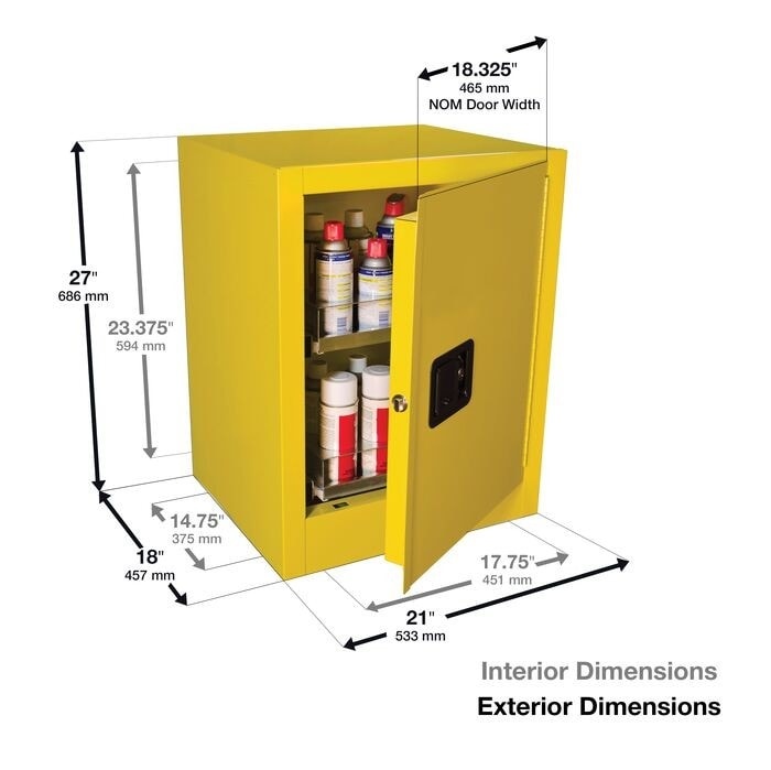 1 Door, Manual Close, 2 Drawers, 24 Can Benchtop Flammable Cabinet, Sure-Grip® Ex, Yellow