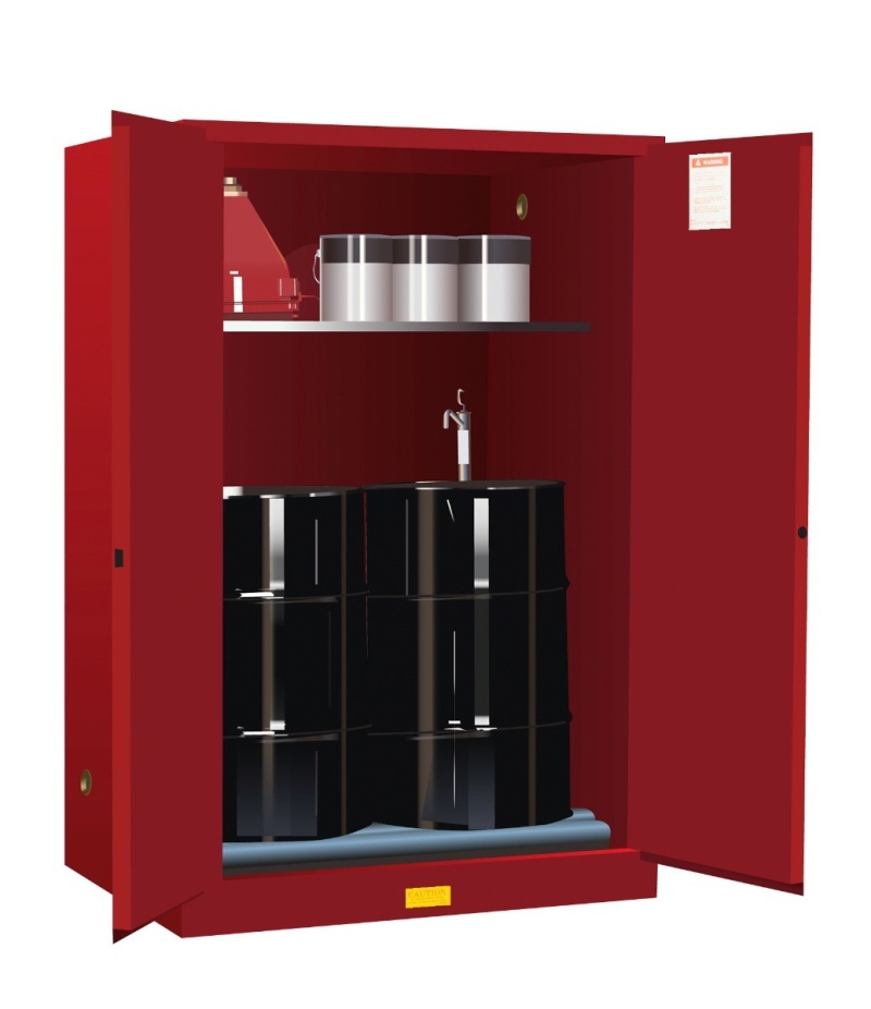 60 Gallon, 2 Drum Vertical, 1 Shelf, 2 Doors, Manual Close, Safety Cabinet With Drum Rollers, Sure-Grip® Ex, Red