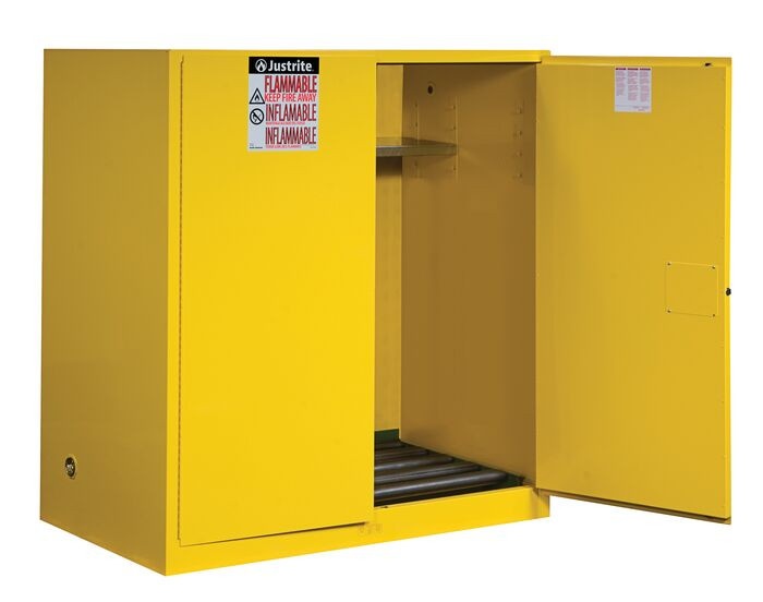 110 Gallon, 2 Drum Vertical, 1 Shelf, 2 Doors, Manual Close, Flammable Cabinet With Drum Rollers, Sure-Grip® Ex, Yellow