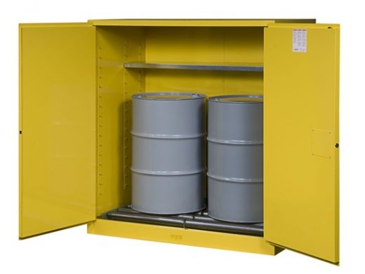 110 Gallon, 1 Shelf, Vertical Double-Duty Safety Cabinet With Drum Rollers, 2 Self-Close Doors, Sure-Grip Ex, Yellow