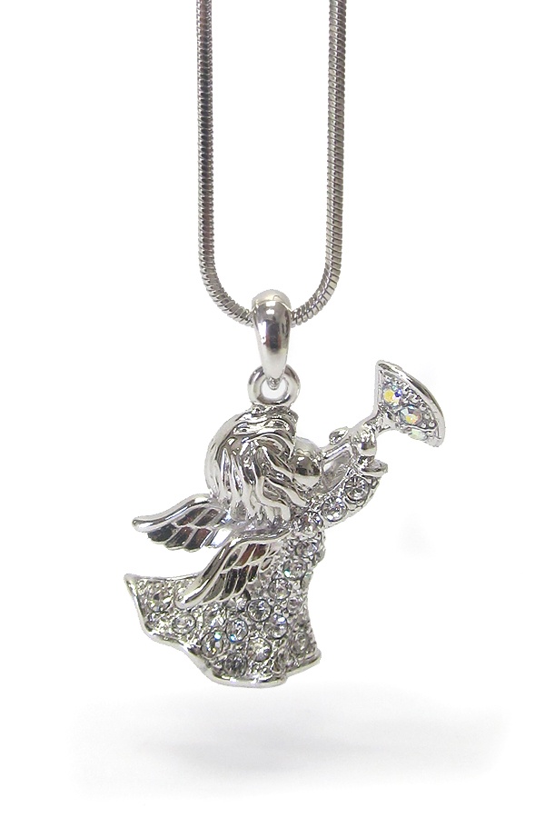 Whitegold Plating Crystal Angel Pendant Necklace