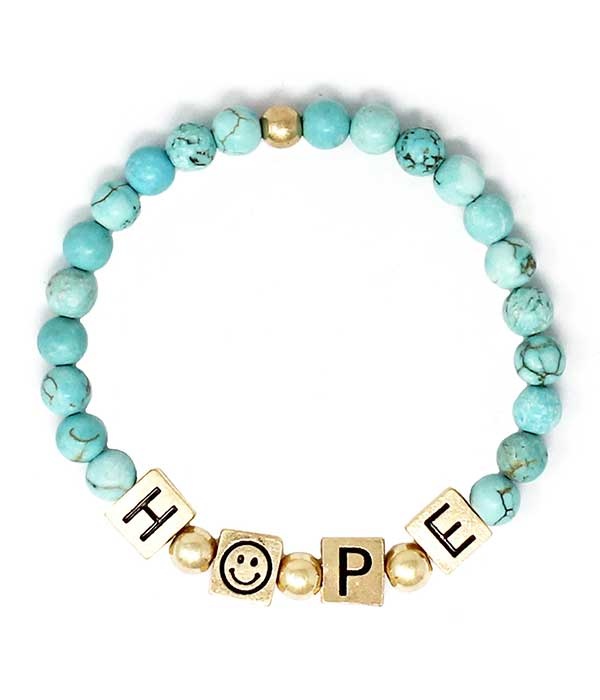 Religious Inspiration Word Block And Semi Precious Stone Stretch Bracelet - Hope Turquoise