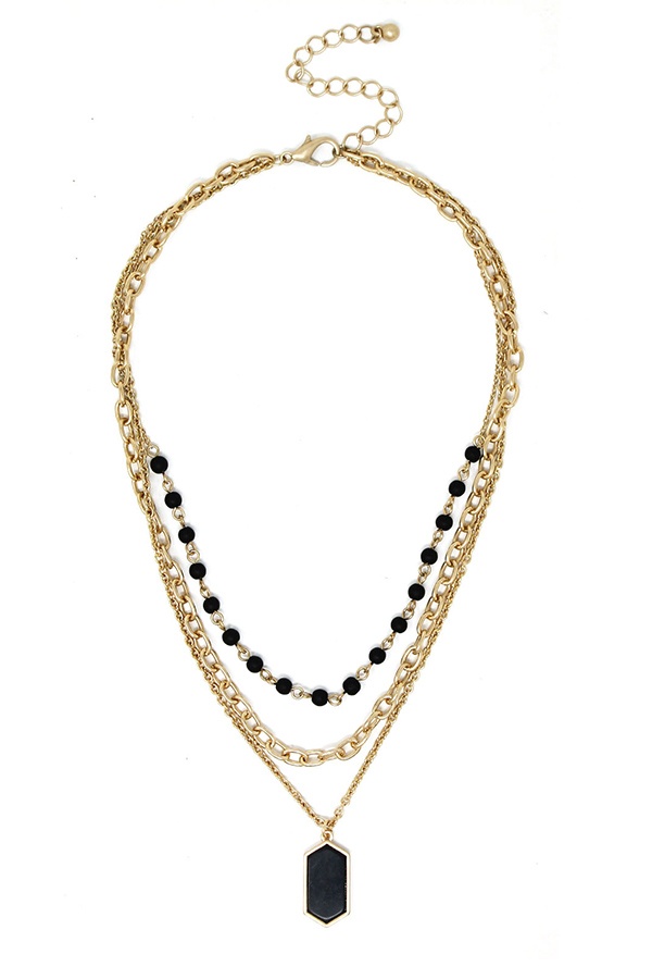 Semi Precious Stone Pendant Triple Layer Necklace