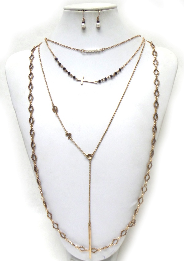 Bohemian Style 4 Layered Cross Charm And Hanging Chain Necklace Set