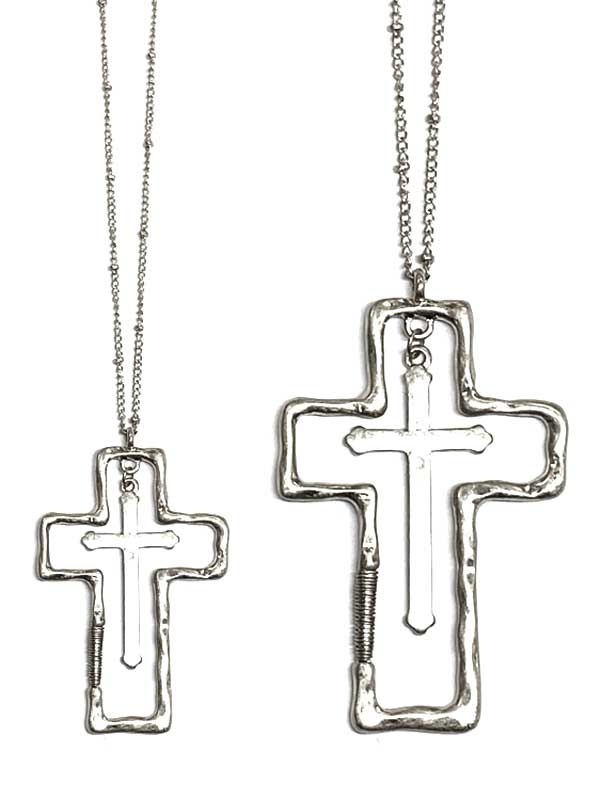 Double Cross Pendant Long Necklace