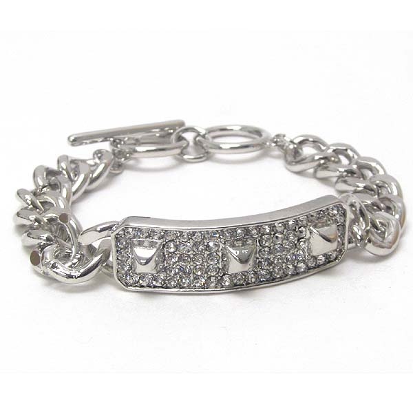 Crystal And Spike On Plate And Thick Chain Toggle Bracelet